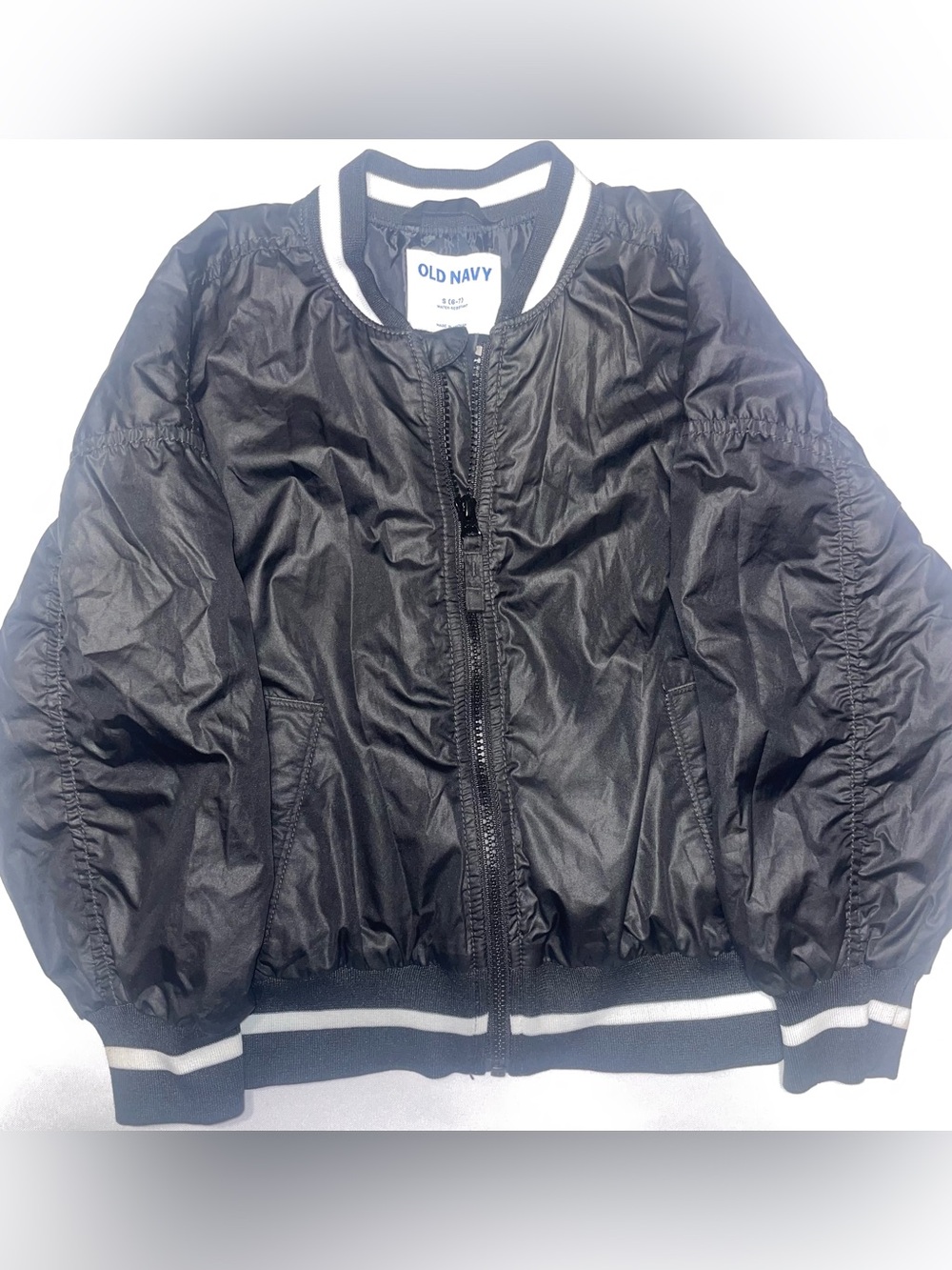 Old Navy Kids Black Bomber Jacket with White Stripe Trim
